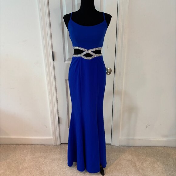 Speechless Embellished Cutout Halter‎ Gown Cobalt Blue Maxi Dress Size 3 NWOT - Picture 2 of 13